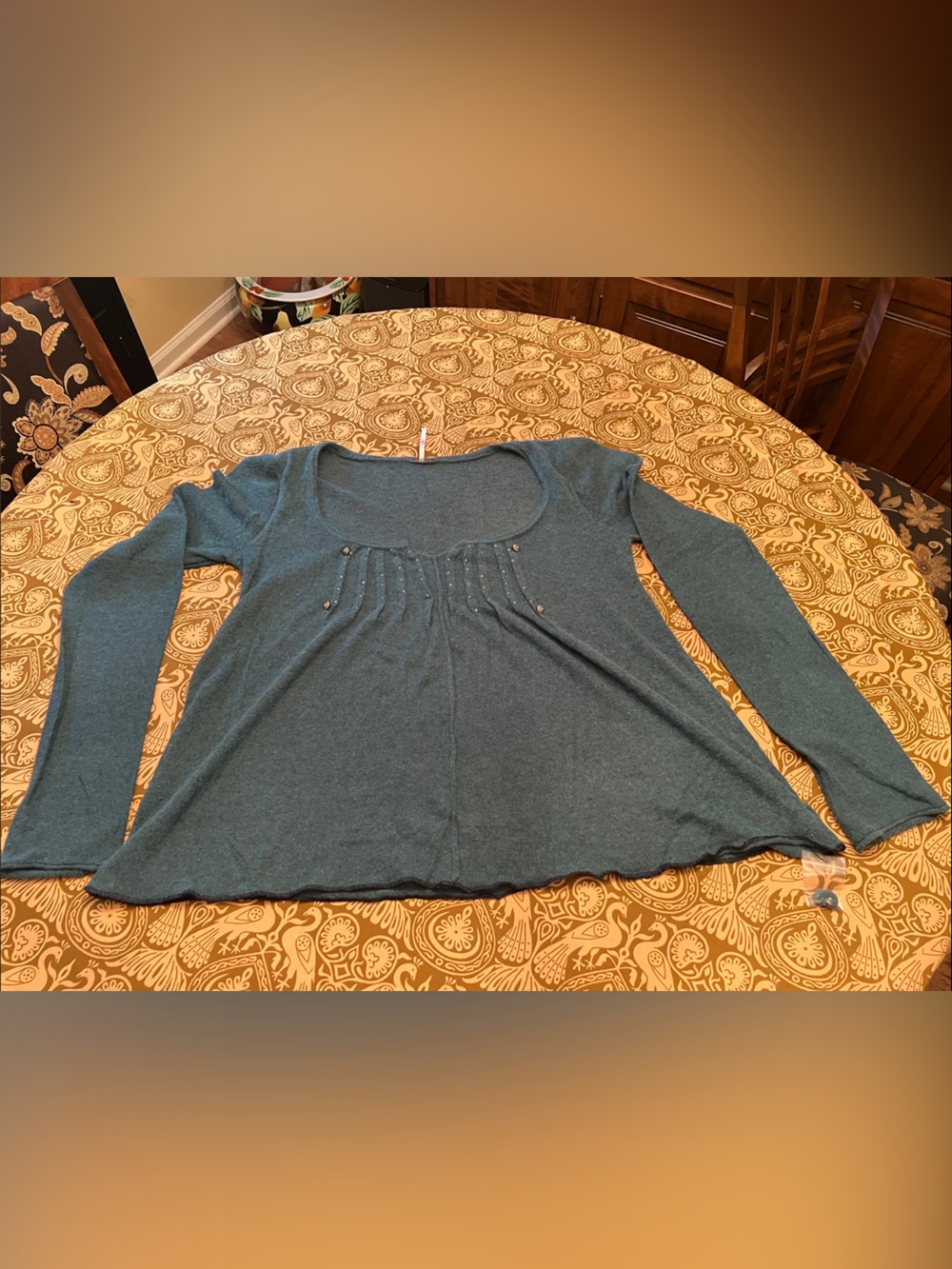 Free People Teal Scoop Neck Long-Sleeve Sweater with Sequin and Button Detail